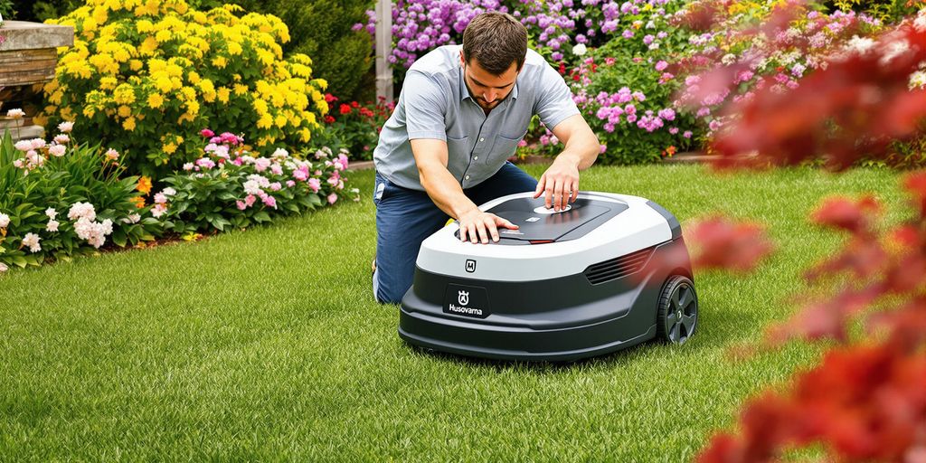 Installation av Husqvarna Automower i en grön trädgård.
