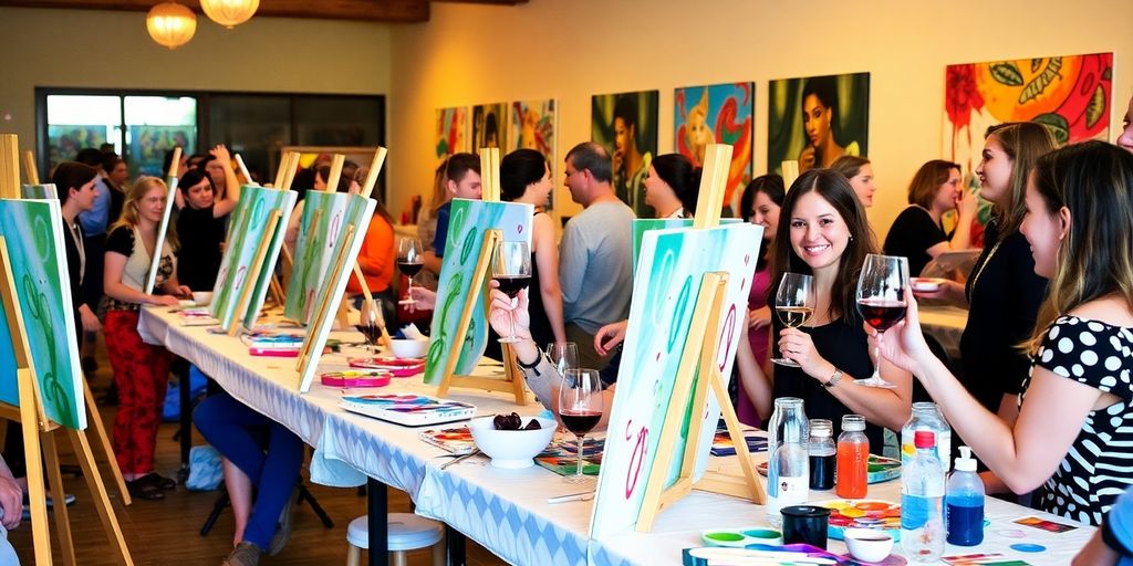 Artists painting with wine glasses in a lively setting.
