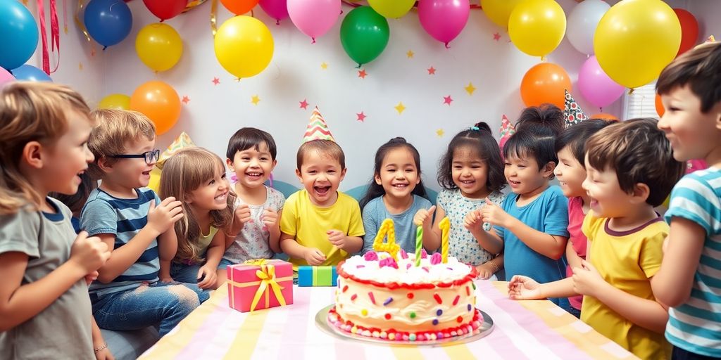 Children enjoying a lively birthday party with decorations.