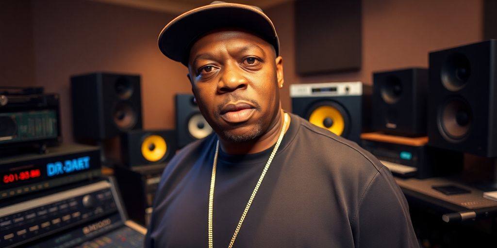 Dr. Dre in studio with recording equipment.
