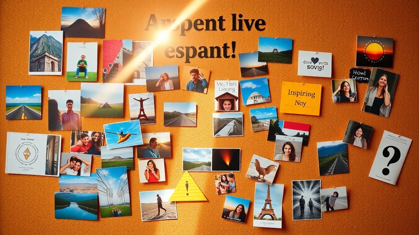 Vision board with inspiring images and aspirations.