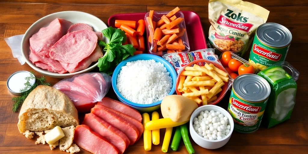 Assorted high-sodium foods on a wooden table.