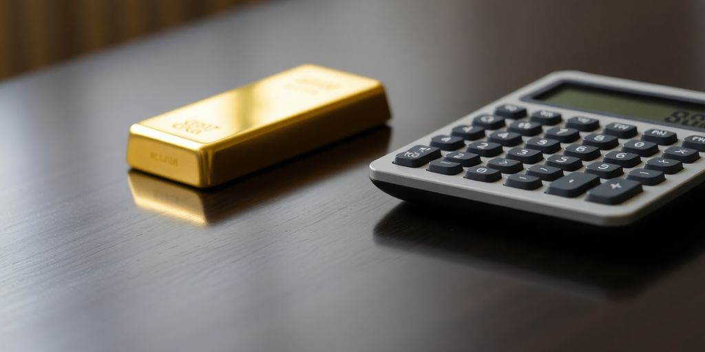 Lingot d'or et calculatrice sur une table.