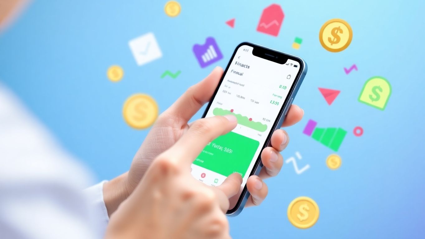 Pessoa usando smartphone com aplicativo financeiro em fundo colorido.
