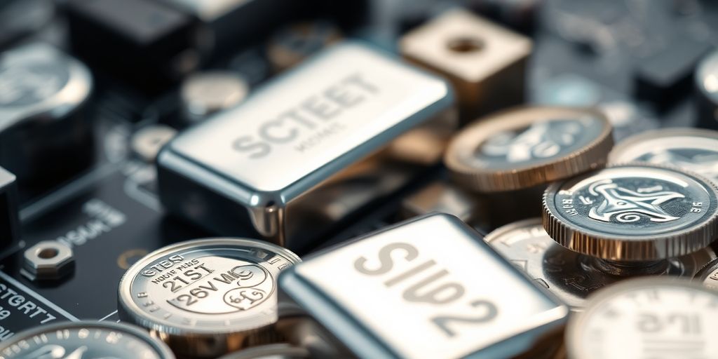 Lingots d'argent brillant, pièces d'or, et composants électroniques entremêlés.