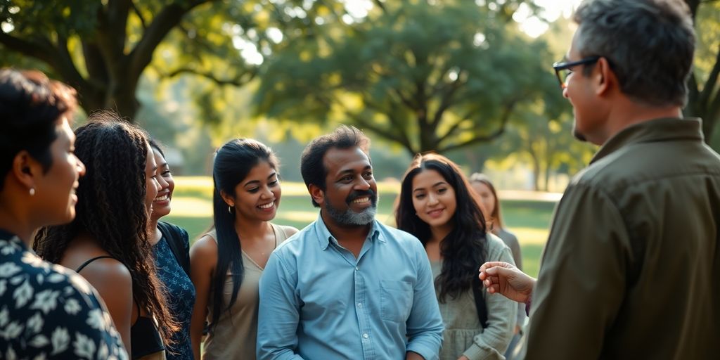 Mentor guiding diverse individuals in a serene outdoor setting.