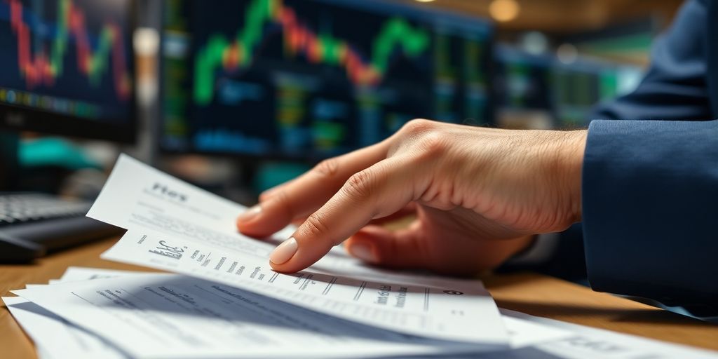 Trader's hand with options contracts in a workspace.