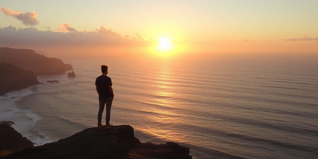 Person standing on a cliff at sunset, overlooking ocean.