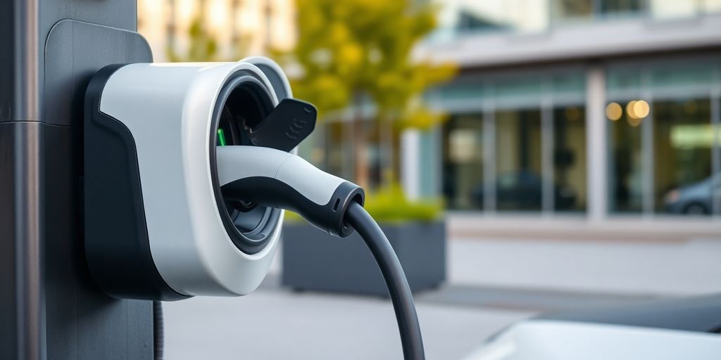 Electric vehicle charging station with a charging cable.
