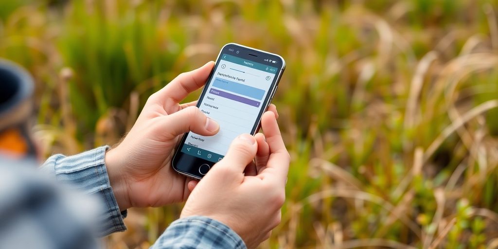 Person using smartphone for field data collection.