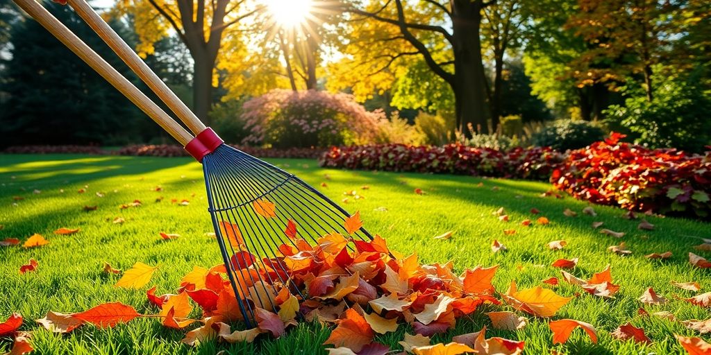 Laub mit Rechen im Garten zusammenfegen
