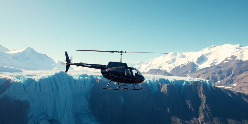 A red helicopter flying majestically over a vast Alaskan glacier.
