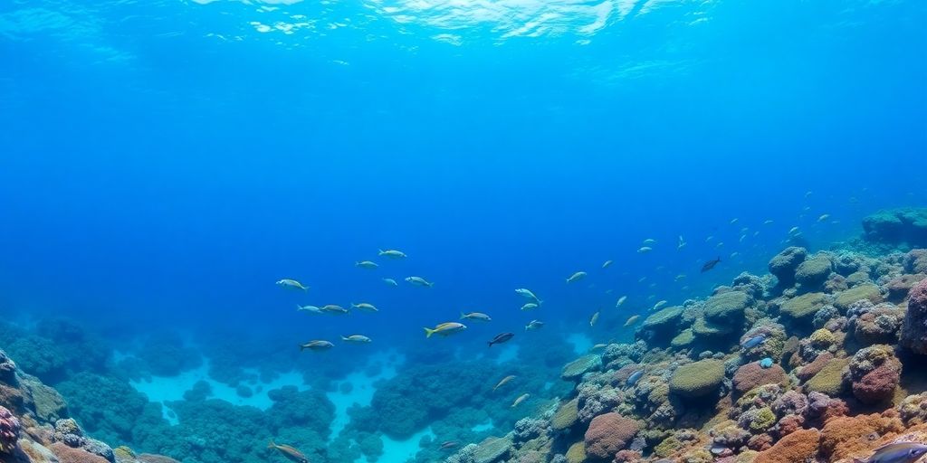 Vibrant coral reefs teem with diverse marine life in clear blue water.