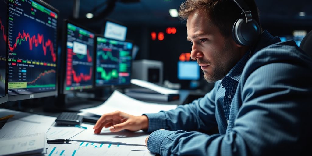 Trader analyzing options trading materials at a desk.