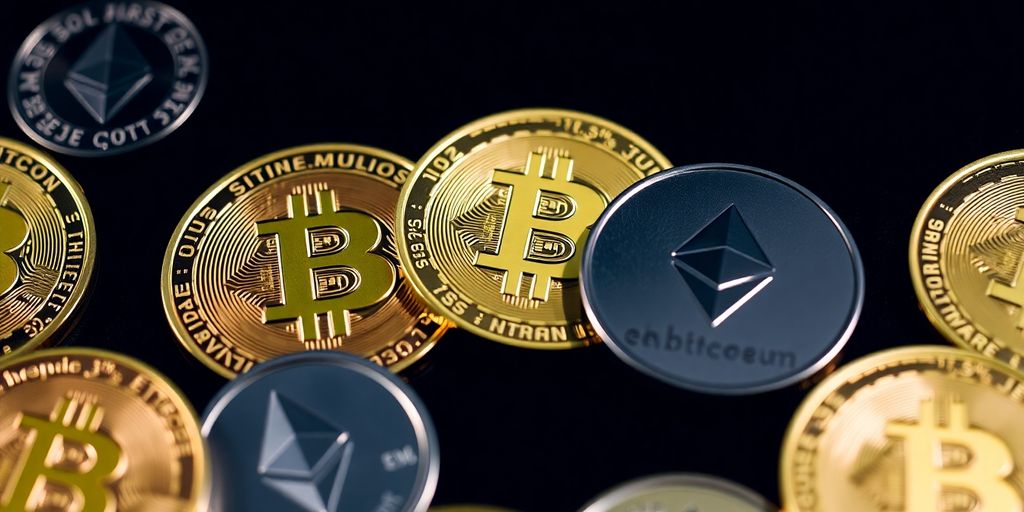 Bitcoin and Ethereum coins on a dark background.