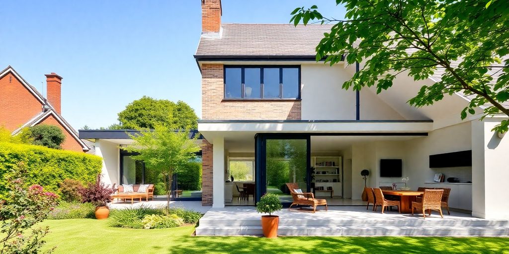 Moderne uitbouw met ruime binnenruimte en tuin.