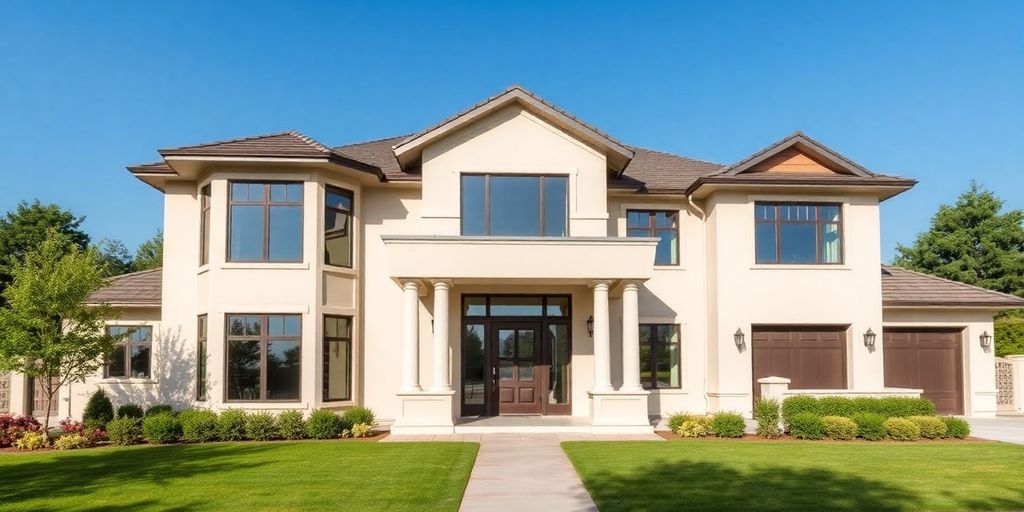 Modern custom home with large windows and landscaping