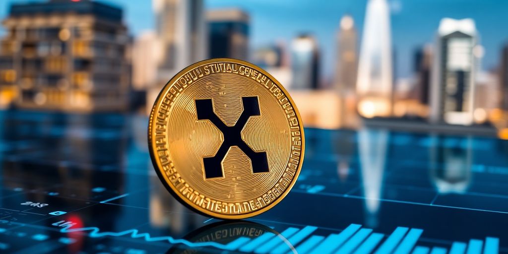 Close-up of an xrp coin on a digital interface.