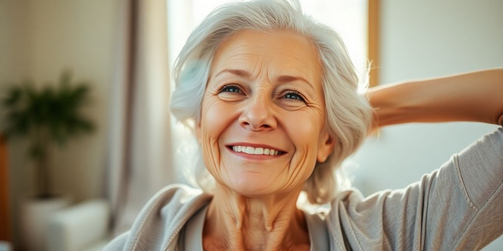 Senior woman stretching, smiling, sunlight.
