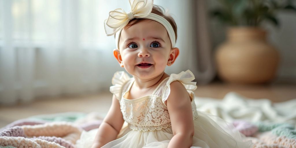 Baby in white lace dress with headband