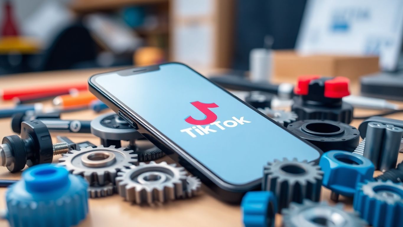 Smartphone with TikTok app among automation tools and gears.
