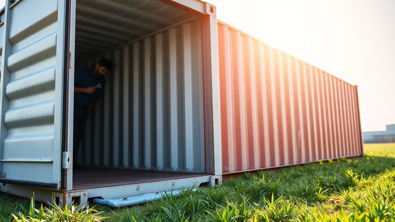 Open container with worker inspecting hinges and sticky ant trap.