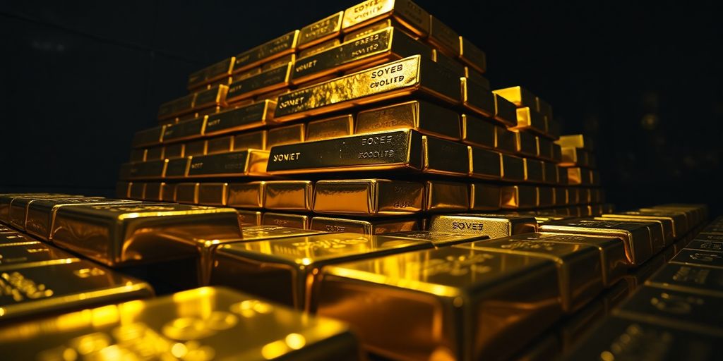 Lingots d'or soviétiques empilés dans une chambre forte.