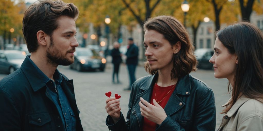 Three people discussing with hearts, representing polyamorous relationships.