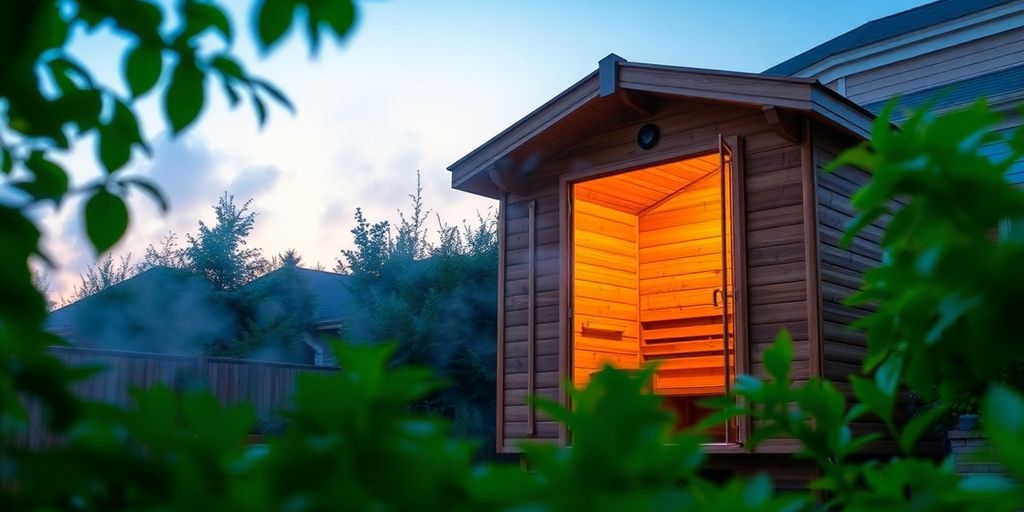 Cozy backyard sauna with steam rising.