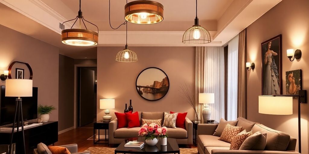 Modern living room with stylish lighting fixtures and decor.