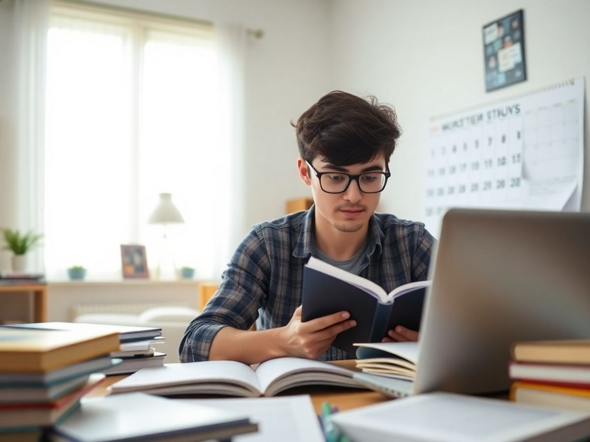 Student studying for the GRE with books and laptop.