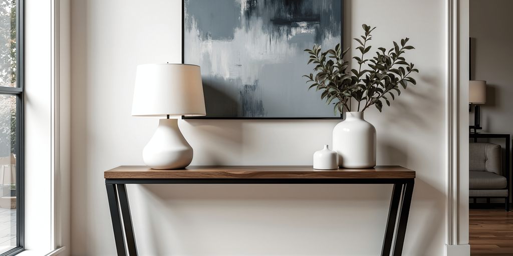 Modern entryway with a console table, lamp, and artwork.