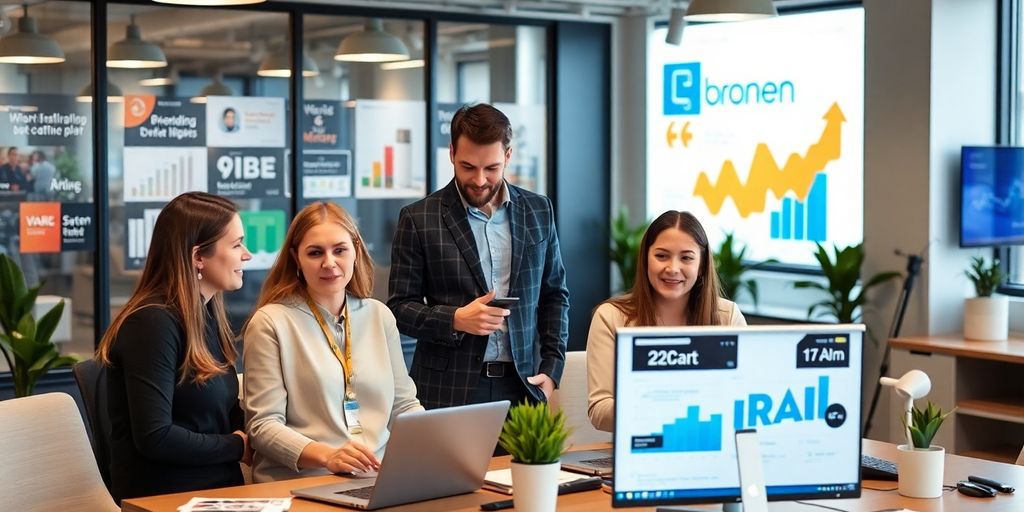 Profissionais de marketing digital em ambiente moderno.