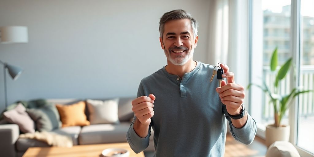 Hogar seguro con persona sonriendo feliz y llaves