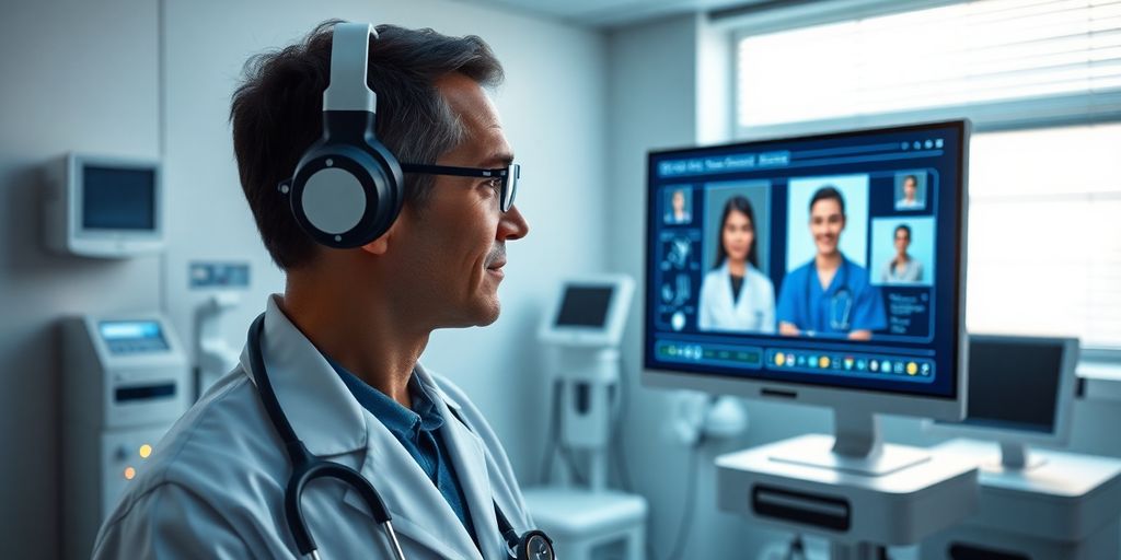 Doctor consulting with patient using AI technology in medicine.