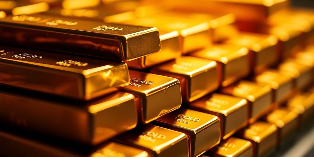 Lingots d'or brillants empilés sur une surface neutre.
