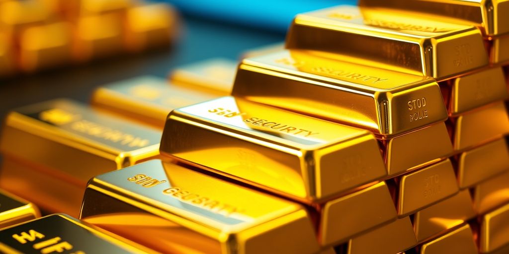 Barres d'or empilées, symbolisant la richesse et la sécurité.