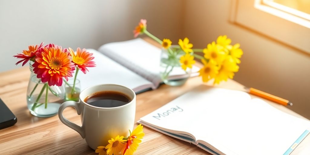 Cozy desk with coffee, flowers, and morning light.