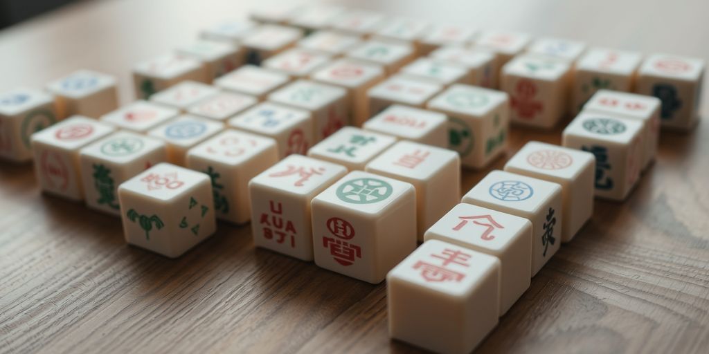 Various Mahjong tiles of different sizes on a table.
