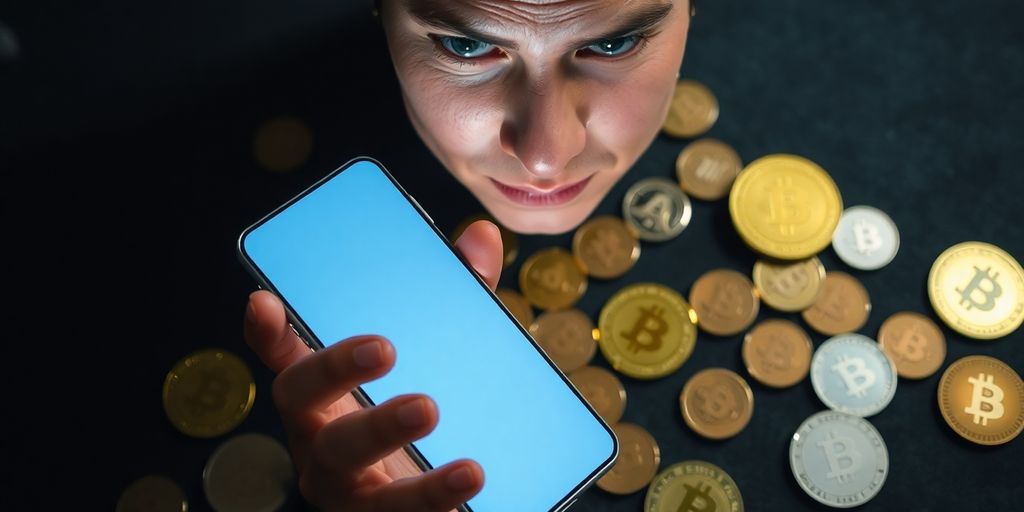 Person looks at phone with coins.