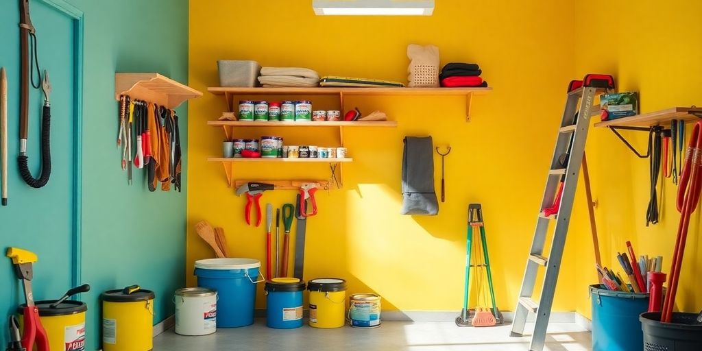Home repair tools and supplies in a bright workspace.
