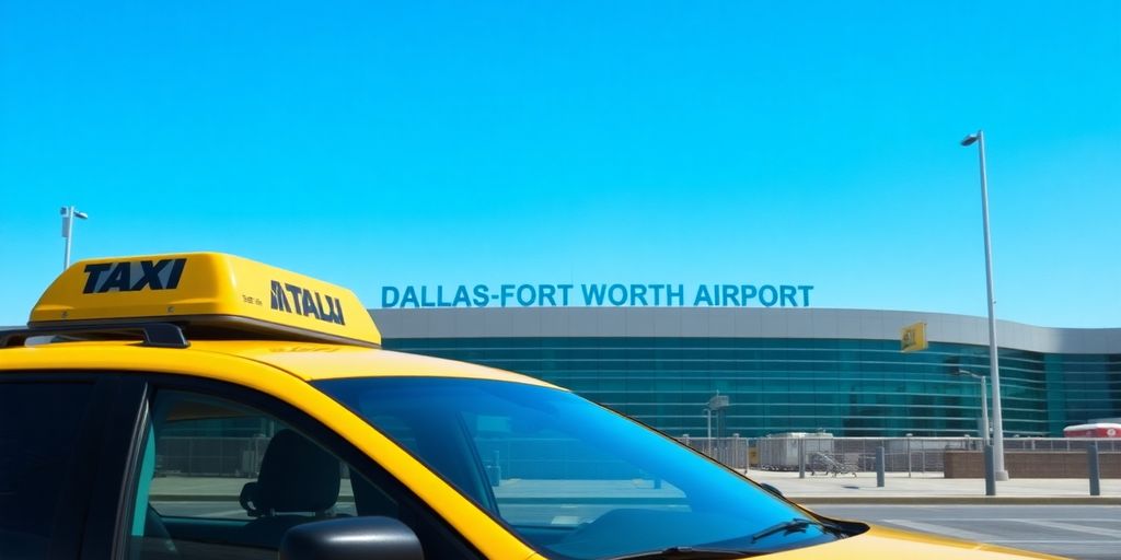 Taxi in front of Dallas-Fort Worth Airport terminal.