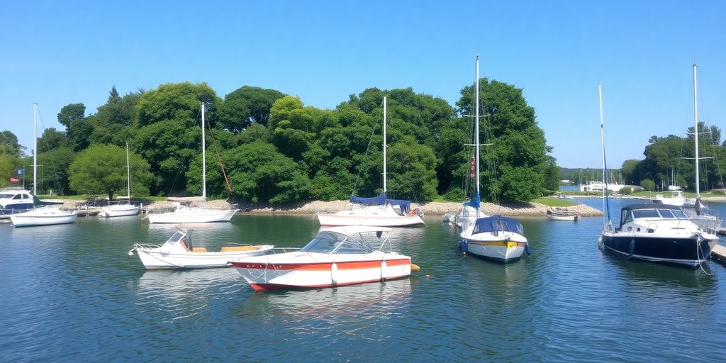 Boats docked at a scenic waterfront.