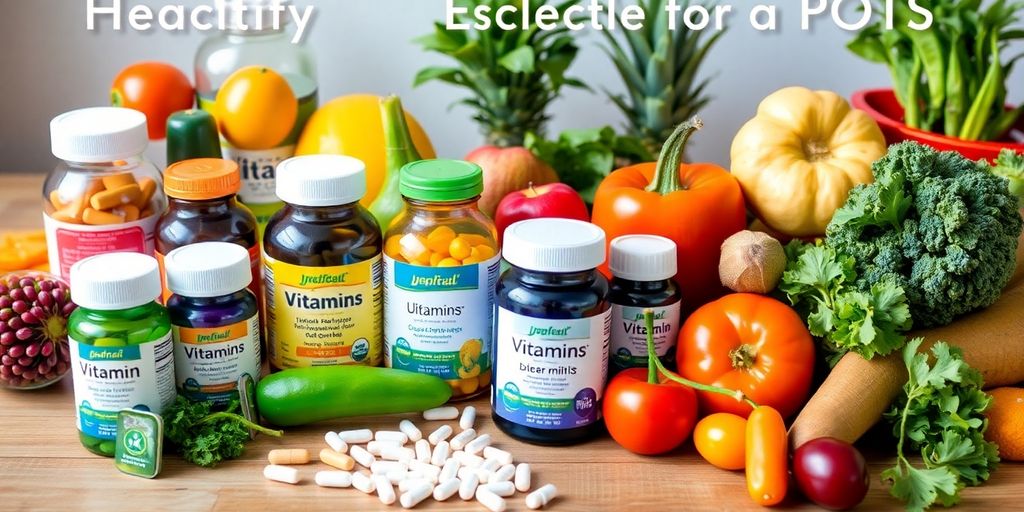Colorful vitamins and fresh produce for POTS management.