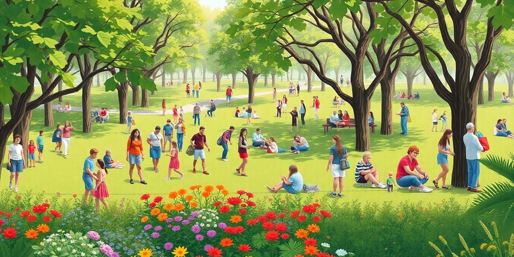 Persone che si aggregano in un parco verde e vivace.