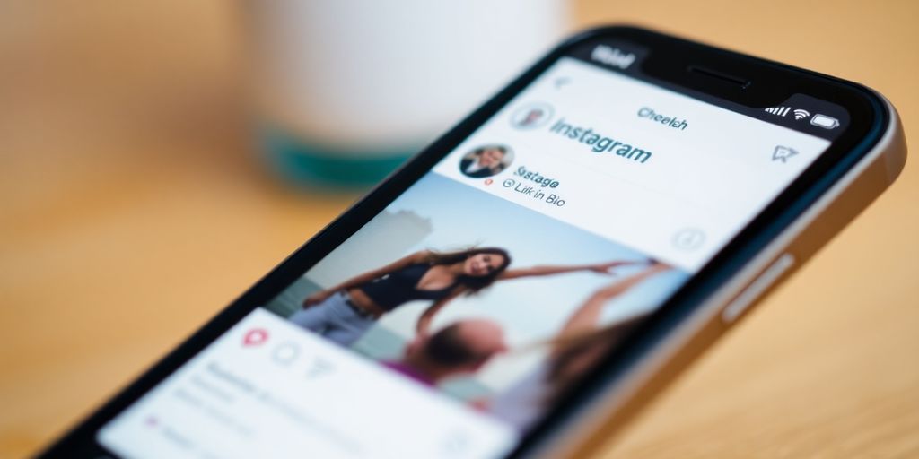 Smartphone showing Instagram profile with link in bio.