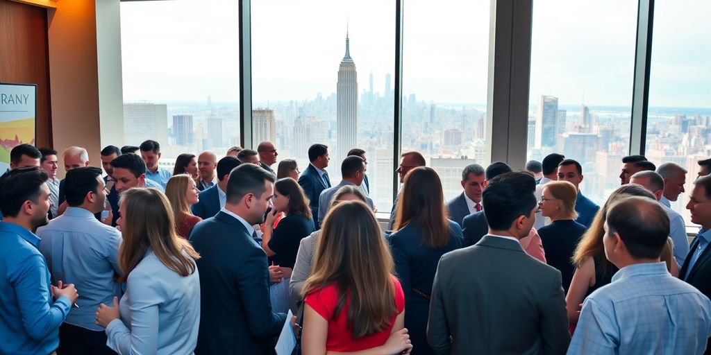 Diverse professionals networking in a New York City venue.