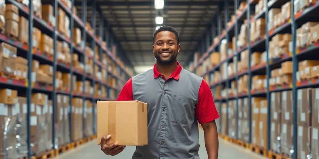 Amazon warehouse worker walking with box