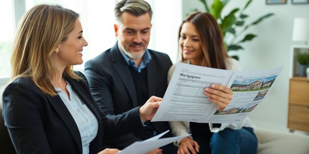 Couple consulting with mortgage broker about home financing.