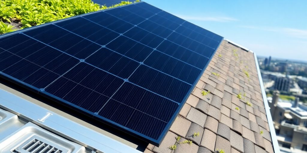 Dak met zonnepanelen, groene begroeiing en metalen rand bij daglicht